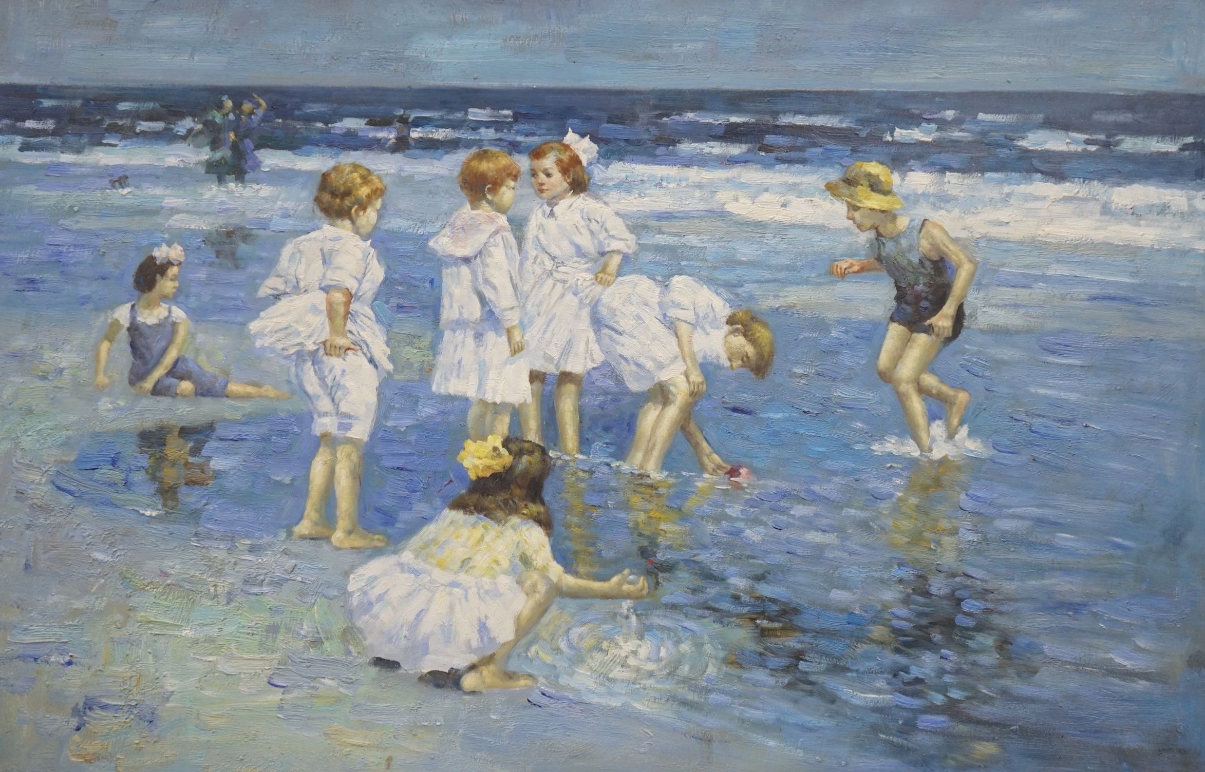 After Edward Henry Potthast (1857-1927), oil on canvas, Children on the beach, 60 x 90cm